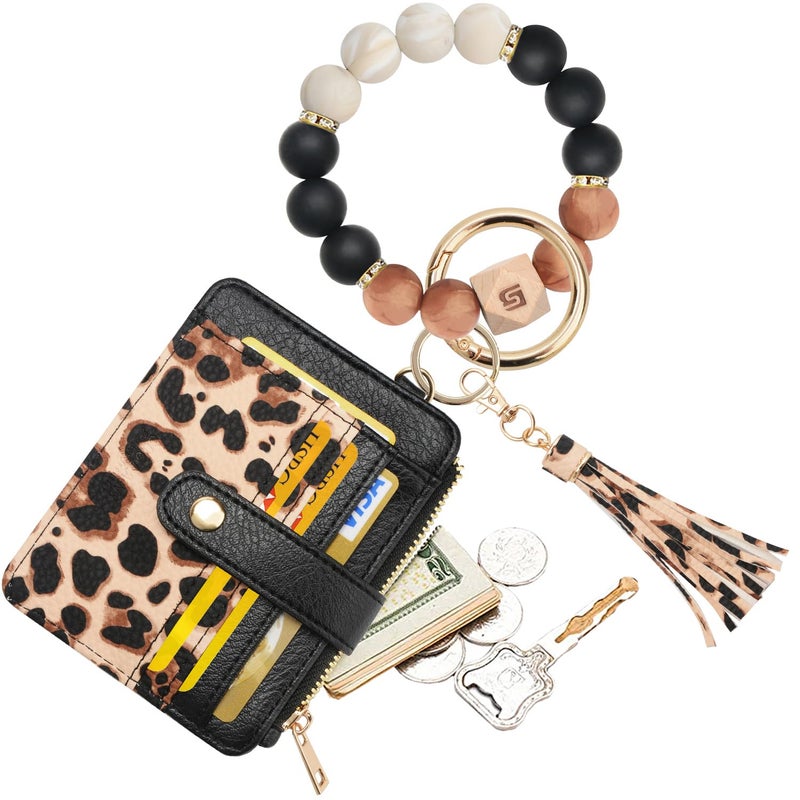 COOLANS Wristlet Bracelet Keychain Card Holder Card Pocket PU Leather Purse Tassel Keychain Bangle Key Ring for Women Girls (Silicone Bead Bracelet+Card Purse (Black Leopard)) - Image 1